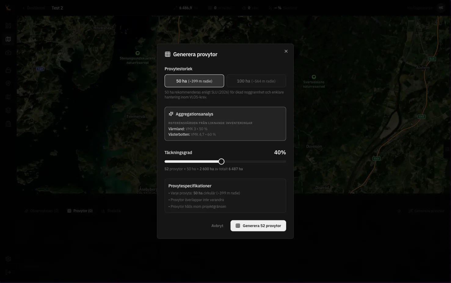 Viltanalys: generera provytor med täckningsgrad och VMK-rekommendation